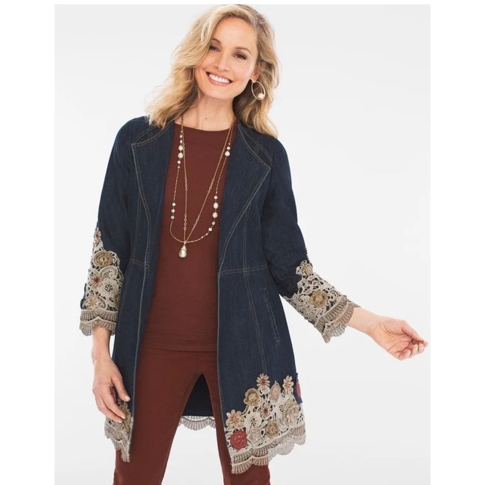 Chico’s Denim Floral Embroidered Jacket  - Size 0 - Picture 2 of 9